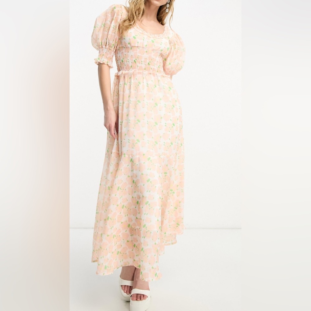 Sister Jane puff sleeve shirred midaxi dress in blush floral